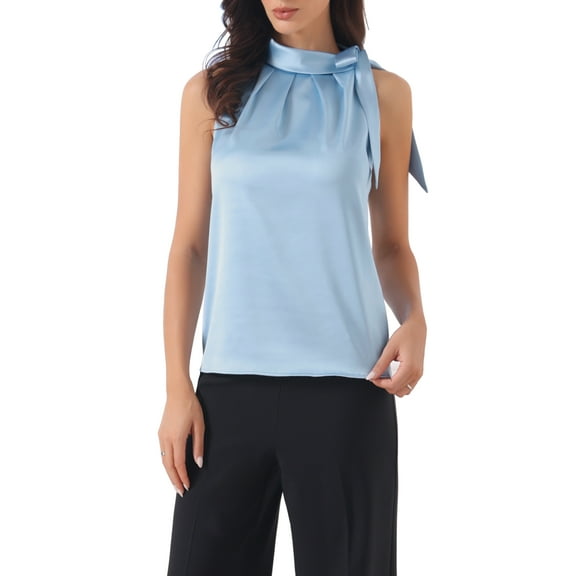 INSPIRE CHIC Women's Satin Tank Tops Sleeveless Bow Tie Neck Solid Work Blouses M Light Blue
