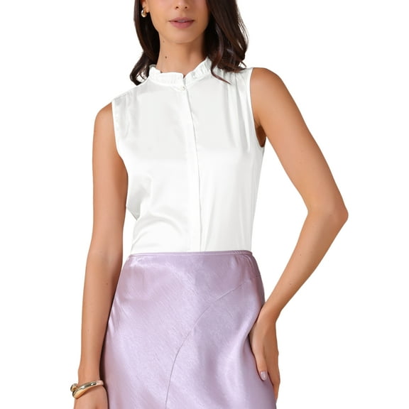 INSPIRE CHIC Women's Satin Top Elegant Sleeveless Pleated Mock Neck Ruffle Trim Solid Work Blouse Silk Tank Tops S White