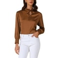 thumbnail image 1 of INSPIRE CHIC Women's Satin Tops Puff Long Sleeve Blouses Mock Neck Dressy Bow Casual Business Work Shirts S Dark Brown, 1 of 6