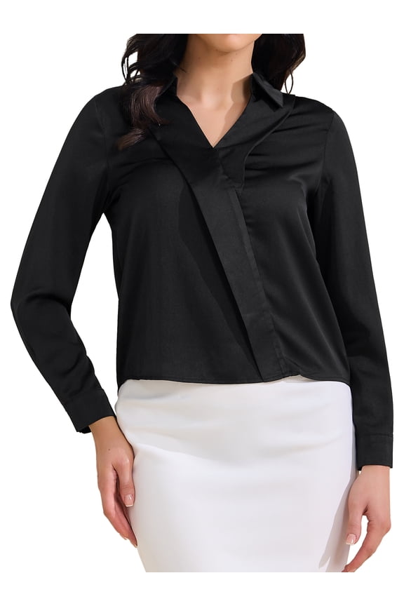 Women's Satin Work Blouse Collar V Neck Long Sleeve Office Dressy Shirt Top S Black