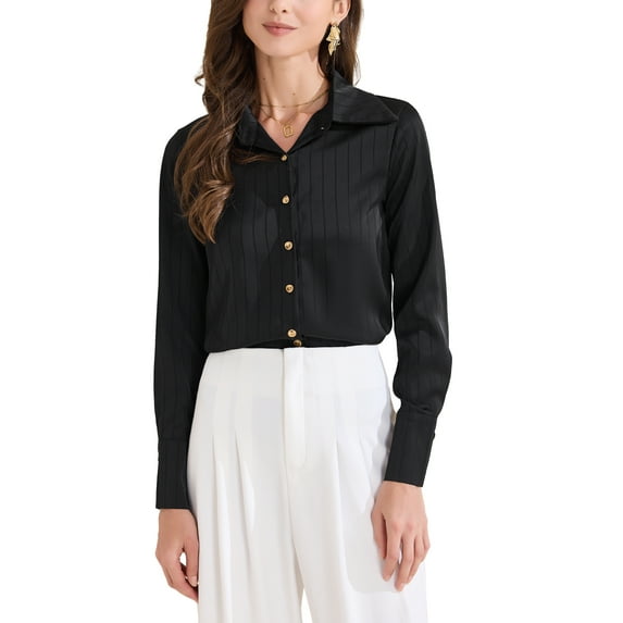 INSPIRE CHIC Women's Satin Work Point Collar Long Sleeve Dressy Business Casual Blouse M Black