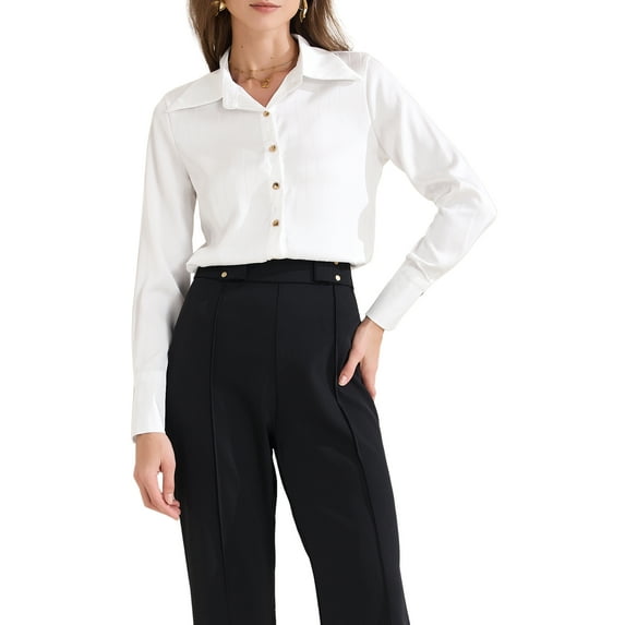 INSPIRE CHIC Women's Satin Work Point Collar Long Sleeve Dressy Business Casual Blouse XS White