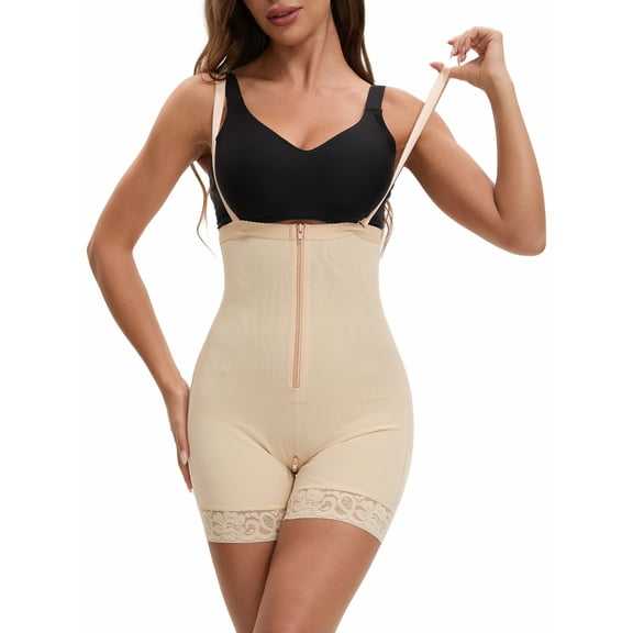 INSPIRE CHIC Women's Sculpting Butt Lifting Body Shaper with Front Hook-and-Zip Closure Tummy Control Lace Shapewear L Beige