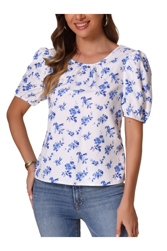 Women's Self Tie Back Summer Casual Puff Sleeve Round Neck Floral Blouse Top M White Blue