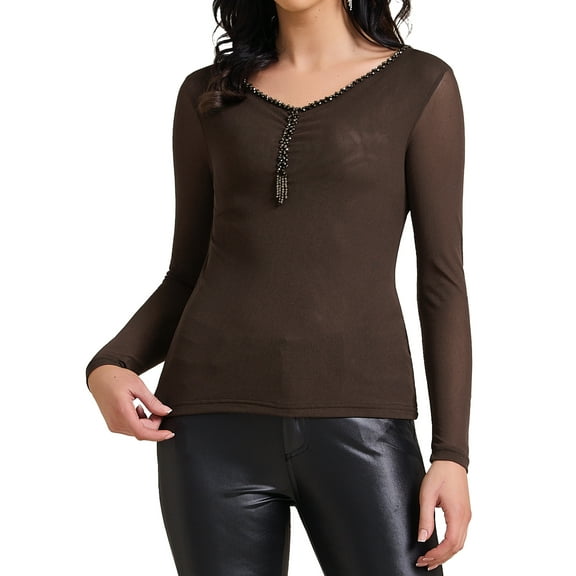 Women's Semi Sheer Long Sleeve Ruched V Neck Sequin Panel Casual Party Shirt Top XL Dark Brown