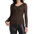 thumbnail image 1 of Women's Semi Sheer Long Sleeve Ruched V Neck Sequin Panel Casual Party Shirt Top XS Dark Brown, 1 of 6