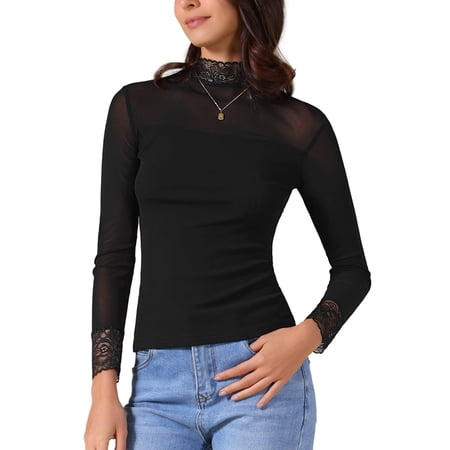 INSPIRE CHIC Women's Semi Sheer Mesh Top Fitted Lace Trim Mock Neck Long Sleeve Blouse L Black