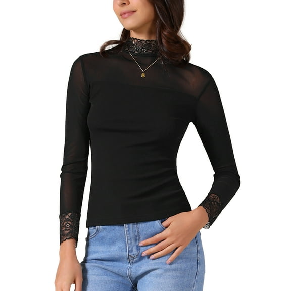 INSPIRE CHIC Women's Semi Sheer Mesh Top Fitted Lace Trim Mock Neck Long Sleeve Blouse XS Black