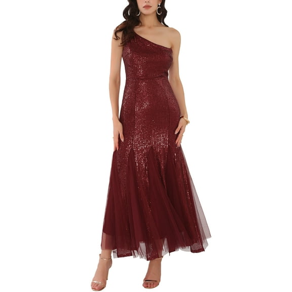INSPIRE CHIC Women's Sequin Cocktail Dress Maxi One Shoulder Mermaid Prom Evening Wedding Dresses 2XL Burgundy