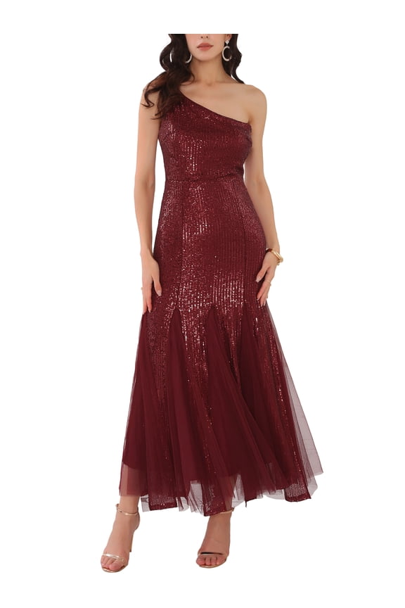 Women's Sequin Cocktail Dress Maxi One Shoulder Mermaid Prom Evening Wedding Dresses 2XL Burgundy