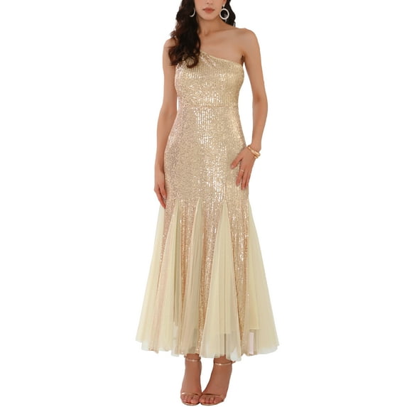 INSPIRE CHIC Women's Sequin Cocktail Dress Maxi One Shoulder Mermaid Prom Evening Wedding Dresses XL Champagne