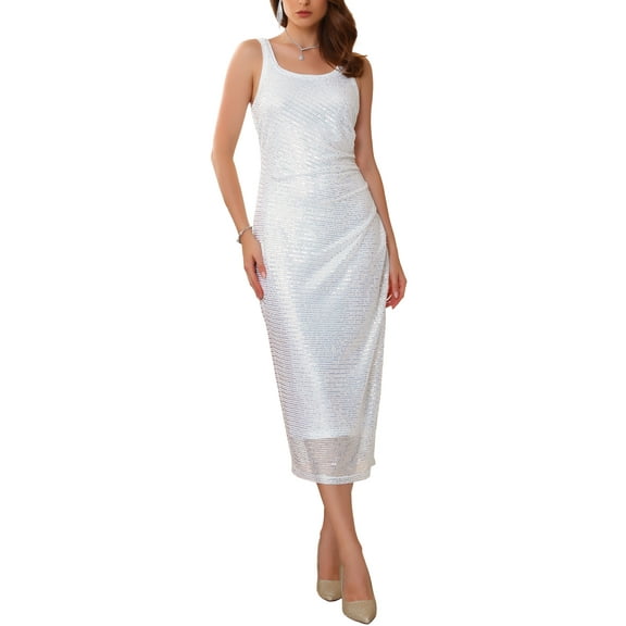 INSPIRE CHIC Women's Sequin Dress Cocktail Formal Sleeveless Backless Midi Bodycon Sparkly Dresses M White