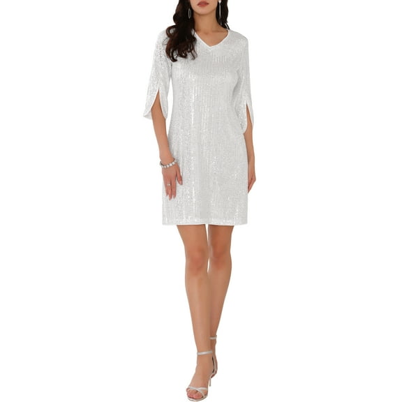 INSPIRE CHIC Women's Dress Sequin Glitter Split Elbow Length Sleeves V Neck Party Cocktail Mini Dresses L Silver