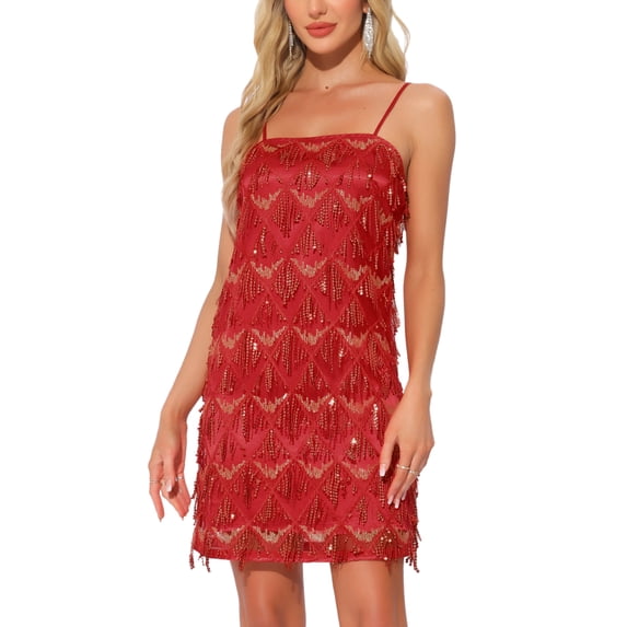 INSPIRE CHIC Women's Dress Sequin Flapper Tassel Fringe Spaghetti Straps Cocktail Party Sparkly Mini Dresses S Red