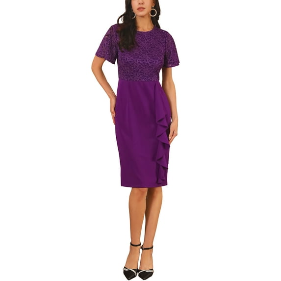INSPIRE CHIC Women's Sequin Lace Dress Short Sleeve Bodycon Cocktail Midi Dress 2XL Dark Purple