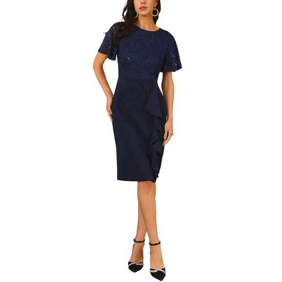 INSPIRE CHIC Women's Sequin Lace Dress Short Sleeve Bodycon Cocktail Midi Dress M Dark Blue