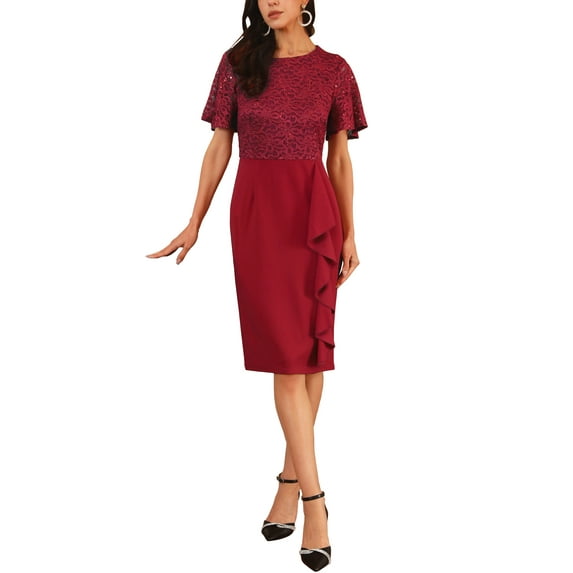 INSPIRE CHIC Women's Sequin Lace Dress Short Sleeve Bodycon Cocktail Midi Dress M Red