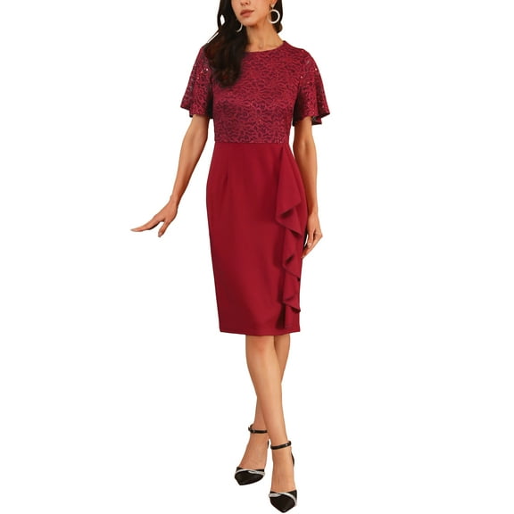 INSPIRE CHIC Women's Sequin Lace Dress Short Sleeve Bodycon Cocktail Midi Dress M Red
