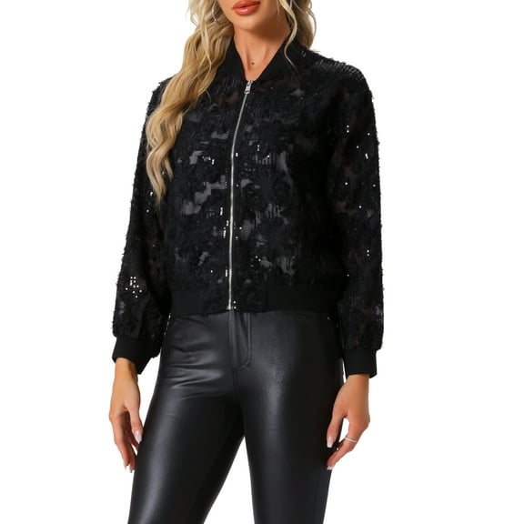 INSPIRE CHIC Women's Sequin Long Sleeve Zipper Sparkly Party Bomber Jacket S Black