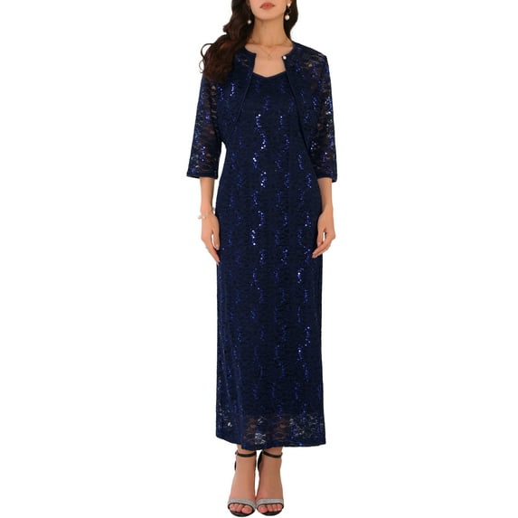 INSPIRE CHIC Women's Sequin Two Piece Dress Sets Cocktail Lace Spaghetti Strap Dresses and Cropped Cardigans S Navy Blue