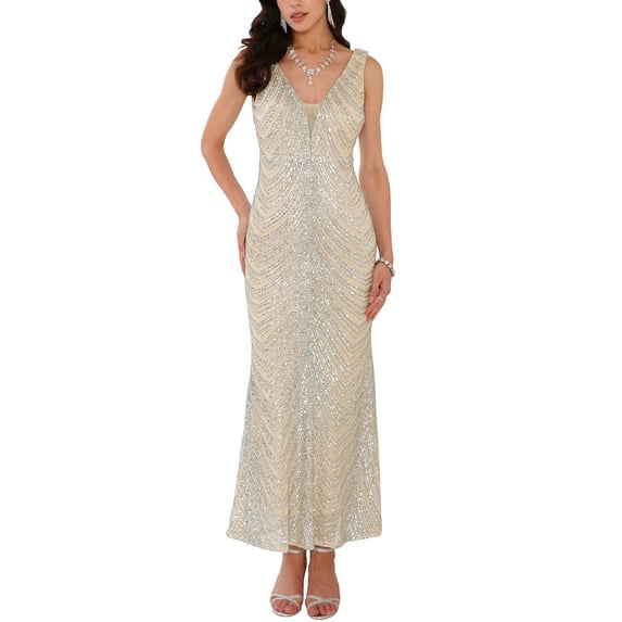INSPIRE CHIC Women's Sequin V Neck Sleeveless Cocktail Maxi Evening Gown Dresses Gold L