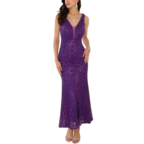 INSPIRE CHIC Women's Sequin V Neck Sleeveless Cocktail Maxi Evening Gown Dresses Purple XL