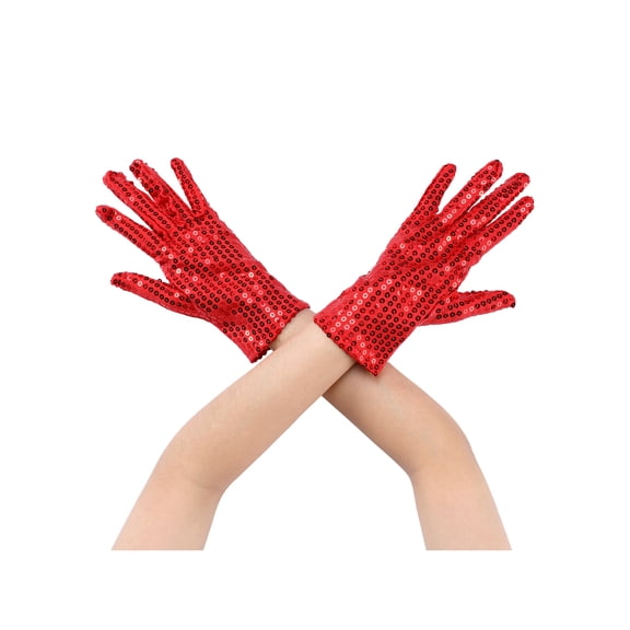 INSPIRE CHIC Women's Sequin Wrise Gloves Female Full Finger Sparkly Dance Sleeves for Female Party Banquet Costume Prom Dress Red