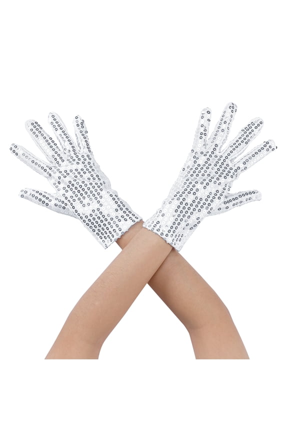 Women's Sequin Wrise Gloves Female Full Finger Sparkly Dance Sleeves for Female Party Banquet Costume Prom Dress White