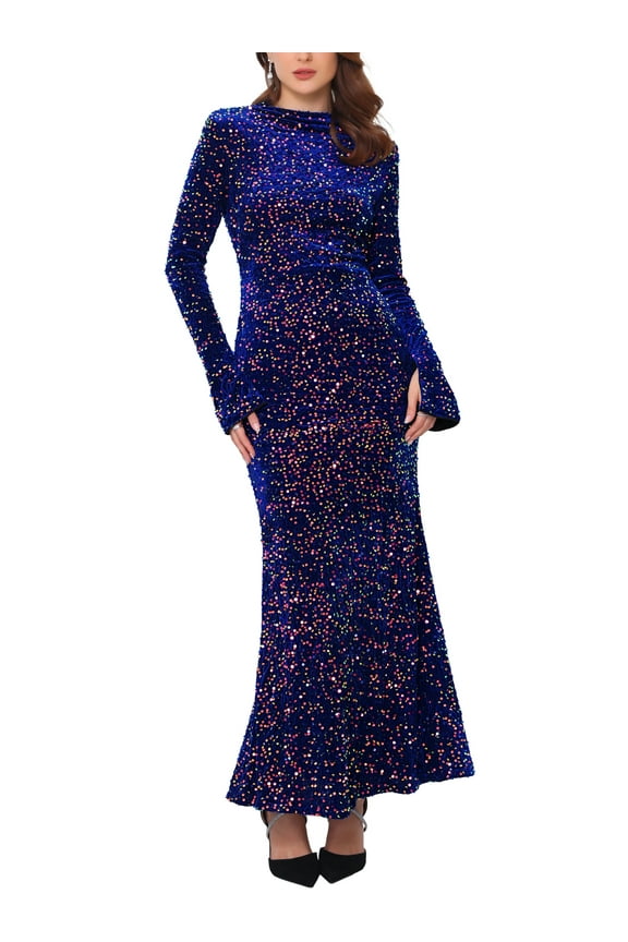 Women's Sequined Maxi Dress Velvet Crewneck Long Sleeve Cocktail Evening Bodycon Dress S Royal Blue