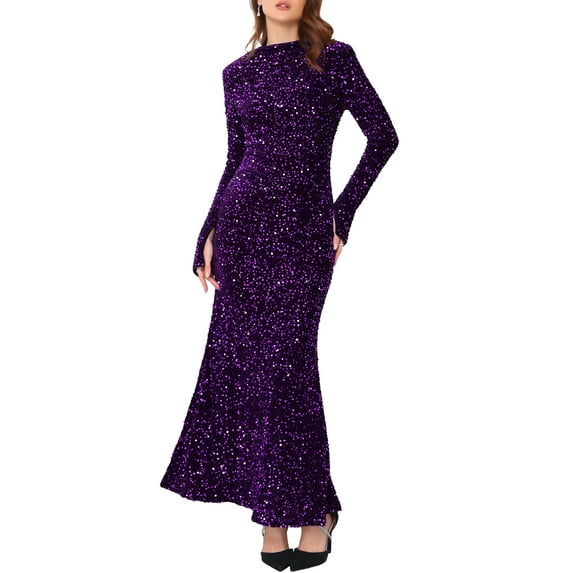 INSPIRE CHIC Women's Sequined Maxi Dress Velvet Crewneck Long Sleeve Cocktail Evening Bodycon Dress XL Purple