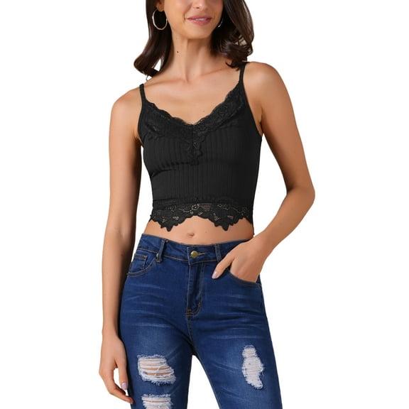INSPIRE CHIC Women's Sexy V Neck Sleeveless Lace Trim Y2K Cropped Tank Top L Black