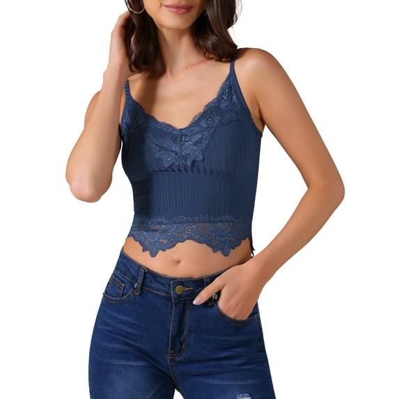 INSPIRE CHIC Women's Sexy V Neck Sleeveless Lace Trim Y2K Cropped Tank Top M Dark Blue