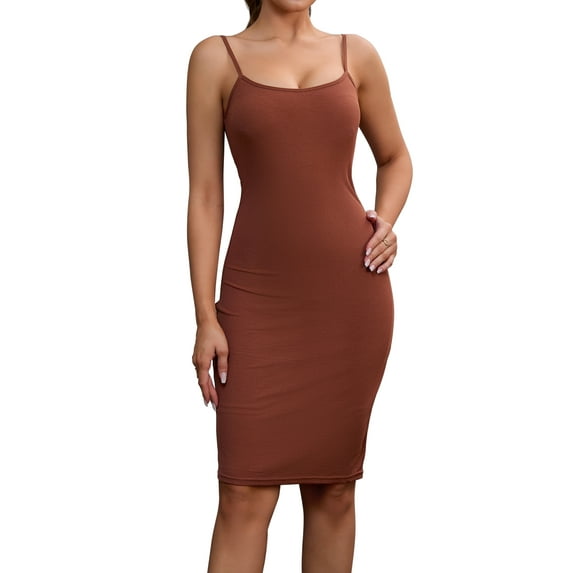INSPIRE CHIC Women's Shapewear Dresses Buit in Bra Adjustable Spaghetti Straps Layered Full Slips Bodycon Dress S Dark Brown