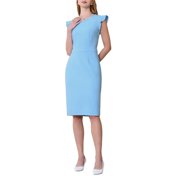 INSPIRE CHIC Women's Sheath Office Spring Crew Neck Ruffled Sleeve Midi Dress M Blue