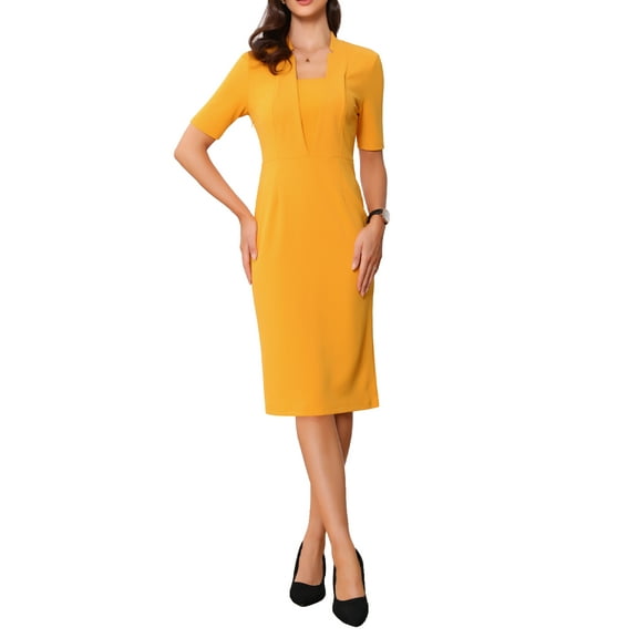 INSPIRE CHIC Women's Sheath Dress V Neck Short Sleeves Wear-to-Work Bodycon Midi Dresses M Yellow