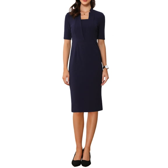 INSPIRE CHIC Women's Sheath Dress V Neck Short Sleeves Wear-to-Work Bodycon Midi Dresses XS Dark Blue