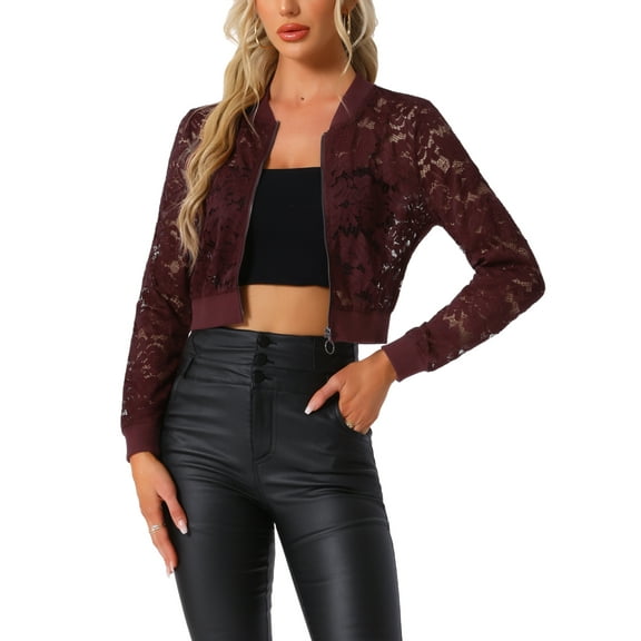 INSPIRE CHIC Women's Sheer Crochet Lace Long Sleeve Zipper Cropped Bomber Jacket L Dark Red