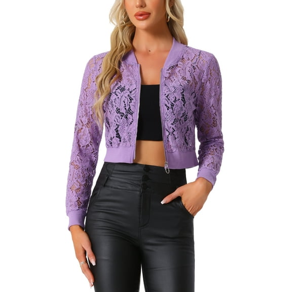 INSPIRE CHIC Women's Sheer Crochet Lace Long Sleeve Zipper Cropped Bomber Jacket S Light Purple