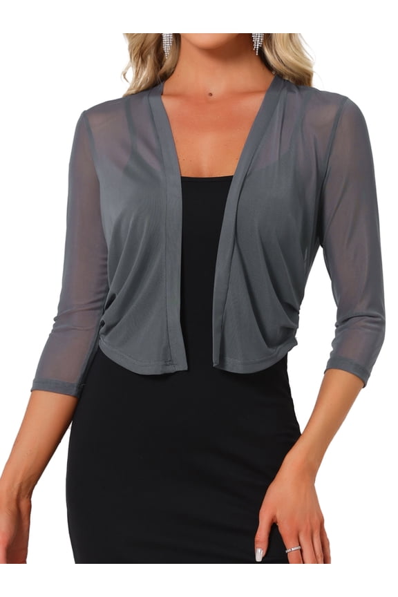 Women's Sheer Mesh Bolero Shrugs 3/4 Sleeve Lightweight Elegant Cropped Cardigan Gray XL