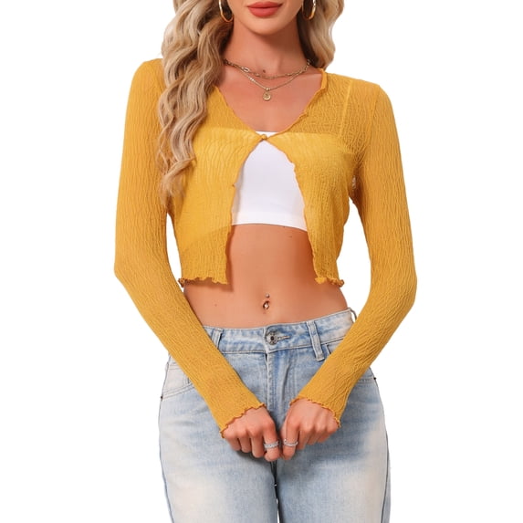 INSPIRE CHIC Women's Sheer Textured Crop Bolero Shrug Lightweight Long Sleeve Open Front Cardigan Yellow M