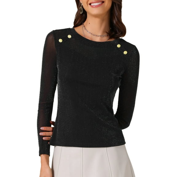 INSPIRE CHIC Women's Shiny Glitter Top Sheer Mesh Party Club Long Sleeve Top XS Black