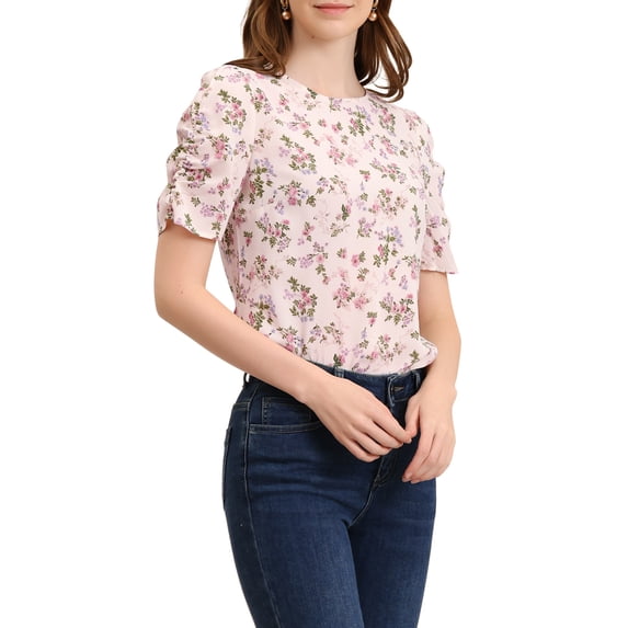 INSPIRE CHIC Women's Shirred Tops Crew Neck Short Sleeve Floral Shirt Blouse Beige Pink S
