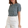 thumbnail image 1 of INSPIRE CHIC Women's Shirred Tops Crew Neck Short Sleeve Floral Shirt Blouse Blue S, 1 of 8