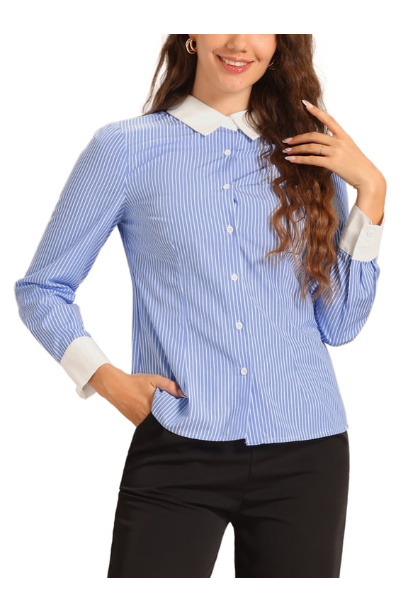 Women's Shirt Striped Contrast Collar Long Sleeve Button Down Shirts M Blue