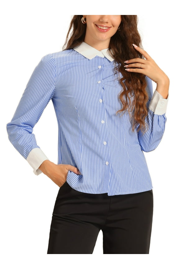 Women's Shirt Striped Contrast Collar Long Sleeve Button Down Shirts S Blue