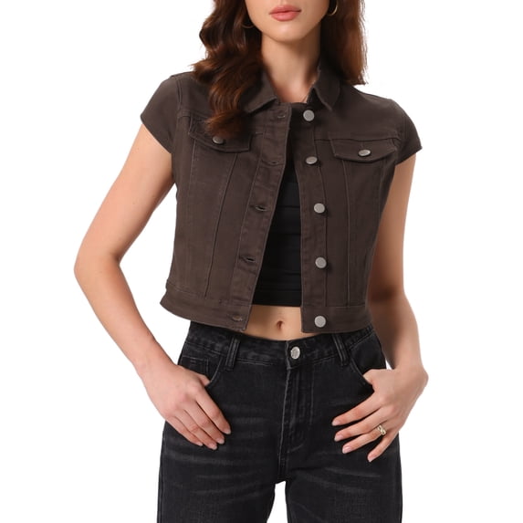 INSPIRE CHIC Women's Short Cap Sleeves Denim Jackets Button Down Cropped Jean Jacket Brown L