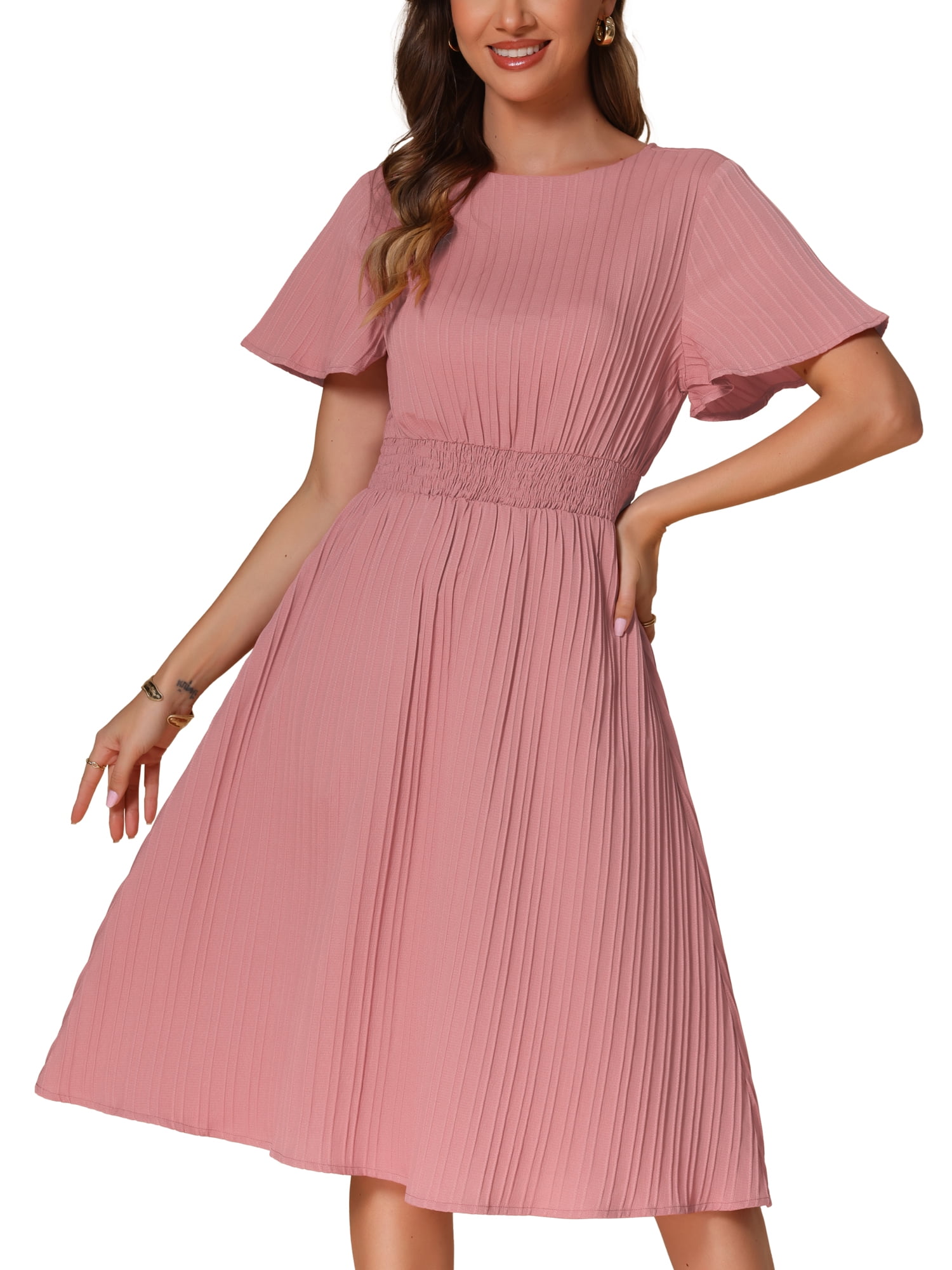INSPIRE CHIC Women's Short Cape Sleeve Elastic Waist Round Neck A-Line  Casual Pleated Midi Dress XS Pink - Walmart.com