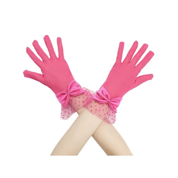 INSPIRE CHIC Women's Short Lace Gloves with Bow for Women Polka Dots Mesh Gloves for Wedding Tea Party One Size Hot Pink