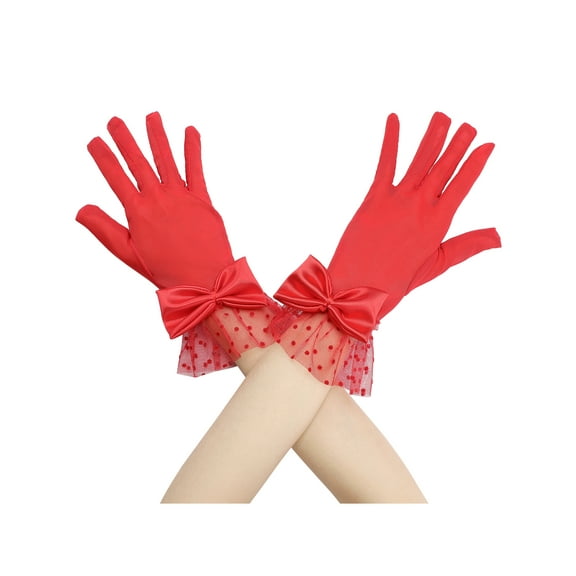 INSPIRE CHIC Women's Short Lace Gloves with Bow for Women Polka Dots Mesh Gloves for Wedding Tea Party One Size Red