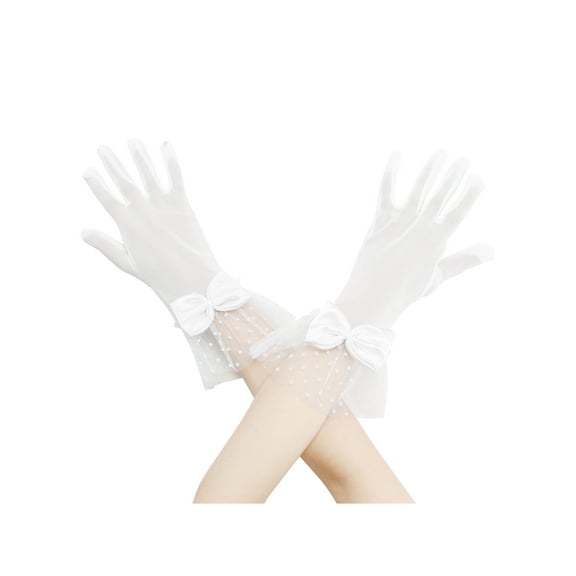 INSPIRE CHIC Women's Short Lace Gloves with Bow for Women Polka Dots Mesh Gloves for Wedding Tea Party One Size White